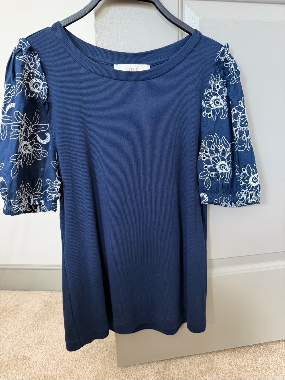 LOFT Navy Short-Sleeve Puff Top with White Floral Embroidery